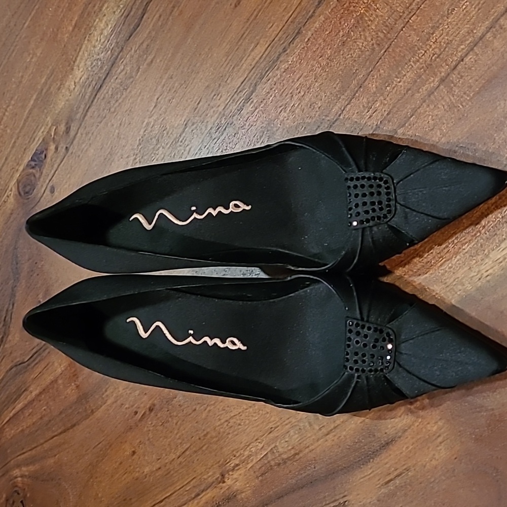 Nina Black satin beaded leather-soled 3" heels